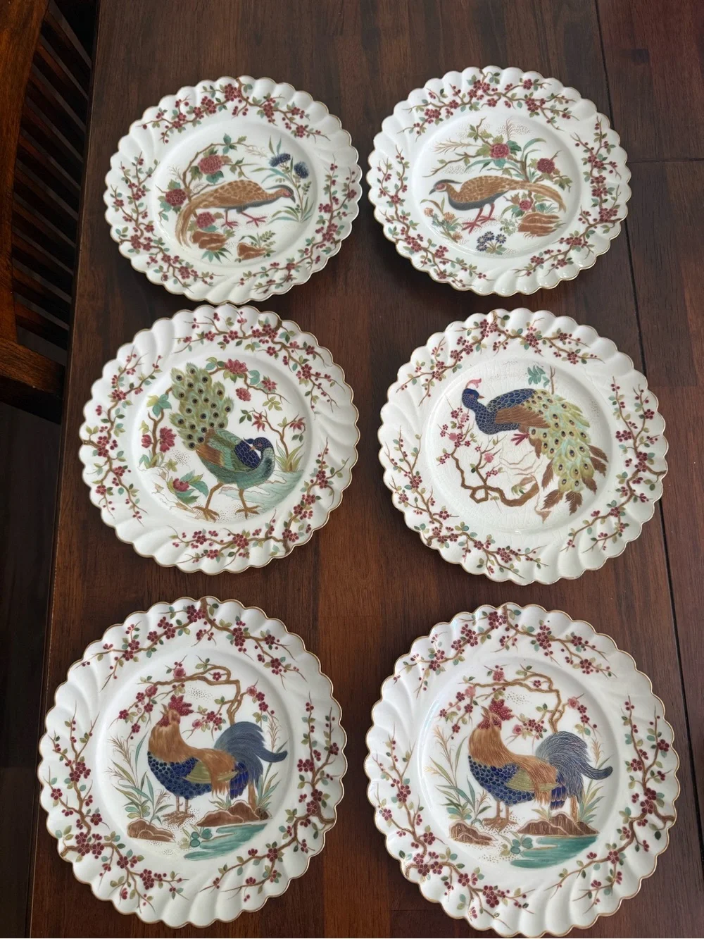 Scalloped Ceramic Dinner Plate with Peacock & Rooster Motifs - White Multi-Color